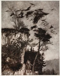 Odpowiedziało mu tylko stado bezczynnych wron, z pubu Rip Van Winkle wydanego przez Washington Irving. 1910