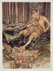 Hop-o-my-thumb podszedł cicho do Ogra i ściągnął swoje siedmioligowe buty z pubu The Arthur Rackham Fairy Book. 1933