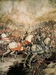 Jak Artur wyciągnął swój miecz, Excalibur, po raz pierwszy, ilustracja z „Romansu króla Artura i jego rycerzy Okrągłego Stołu” autorstwa Alfreda W. Pollarda, 1910