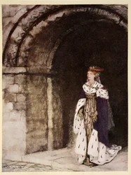 Jak Dame Lionesse pojawiła się ubrana jak księżniczka, ilustracja z „Rosomania o królu Arturze i jego rycerzach Okrągłego Stołu” autorstwa Alfreda W. Pollarda, 1910