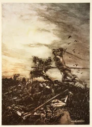 Jak Mordred został zabity przez Artura i jak przez niego został śmiertelnie zraniony, ilustracja z „Romansu króla Artura i jego rycerzy Okrągłego Stołu” Alfreda Pollarda
