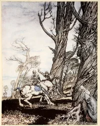 Jak Sir Launcelot zabił rycerza Sir Peris de Forest Savage, który niepokoił damy, damosels i gentlewomwen, ilustracja z 