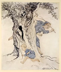 Jak wysilał się i dyszał, by złapać tę ścigającą osobę i ścigać ją, by sam zacząć działać, ilustracja z „Irish Fairy Tales” Jamesa Stephensa, 1920
