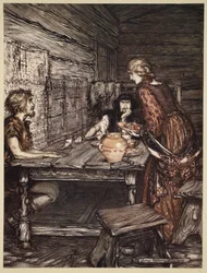 Hunding odkrywa podobieństwo między Siegmundem a Sieglunde, ilustracja z „Złoto Renu i Walkiria”, 1910