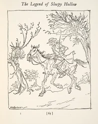 Ichabod Crane uciekający przed Bezgłowym Jeźdźcem, z The Legend of Sleepy Hollow autorstwa Washingtona Irvinga (1783 - 1859), wyd. 1928