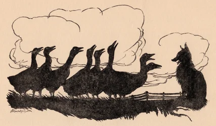 Ilustracja autorstwa Arthura Rackhama z baśni Grimm, Lis i gęsi.