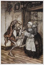 Ilustracja z Briar Rose przedstawiająca starszych królów i królową oraz ich dziecko.