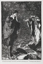 Ilustracja autorstwa Jorindy i Joringela przedstawiająca Zachiela i staruszkę.