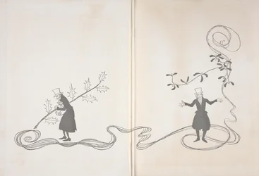 Ilustração de Scrooge. De um lado, ele é representado por um ramo de azevinho, segurando um saco de dinheiro e parecendo zangado. Por outro, ele é retratado com um ramo de visco parecendo feliz.polonês