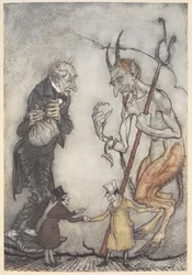 Ilustração de Scrooge e o diabo vão dois homenzinhos abaixo deles polonês
