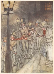 Ilustracja sceny ulicznej w Wigilię Bożego Narodzenia z Bobem Cratchitem i dziećmi.
