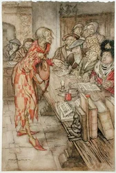 „Nadeszła najdziwniejsza postać”, ilustracja z „The Pied Piper of Hamelin”, autorstwa Roberta Browninga (1812-89), wersja opublikowana 1929 (akwarela z piórem i atramentem na papierze)