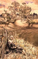 Izaak Walton oparty o płot, jedna z serii ilustracji Izaaka Waltona „The Complete Angler” (pióro, atrament i akwarela na papierze)