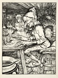 Lay!, ryknął olbrzym, po czym kura natychmiast złożyła jajo ze szczerego złota, z pubu The Arthur Rackham Fairy Book. 1933