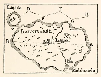 Mapa Laputy (latająca wyspa w prawym górnym rogu) i Balnibarbii (główny port Maldonada) z części III: Podróż do Laputy, Balnibarbi, Luggnaggu, Glubbdubdribu i Japonii w Podróżach Guliwera Jonathana Swifta