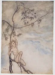 Wesoło, wesoło będę żył teraz pod kwiatem wiszącym na konarze, ilustracja z wyd. William Shakespeares Burza. 1926