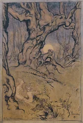 Moonlight Fairies in a Wood (pióro i atrament, toaleta i gwasz)