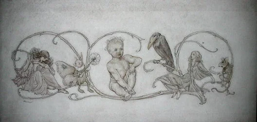 Piotruś Pan, ilustracja z „Peter Pan w Kensington Gardens, Londyn”, opublikowana w 1906 r. (pióro i atrament oraz akwarela na papierze)