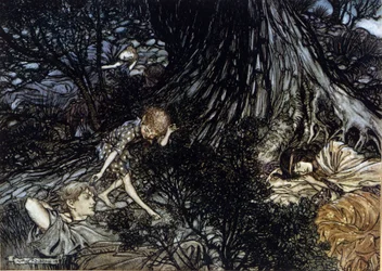 Puck nakłada magiczny filtr na powieki śpiących postaci. Ilustracja Arthura RACKHAMA (1867-1939) do „Snu letniej nocy” Williama Szekspira