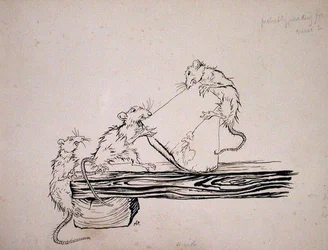 „Rats!...ate the cheese out of the kadzi!”, ilustracja z „The Pied Piper of Hamelin”, wersja autorstwa Roberta Browninga, opublikowana w 1934 r. (pióro i atrament na papierze)