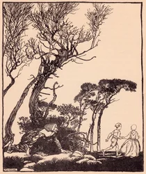 Skradała się za nimi potajemnie, tak jak skradają się czarownice. Ilustracja autorstwa Arthura Rackhama z bajki Grimm