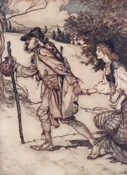 Żebrak wziął ją za rękę i wyprowadził z pubu The Fairy Tales of the Brothers Grimm. 1909