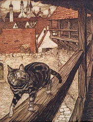 Kot wymknął się za mury miasta do kościoła.., z Bajek braci Grimm, wyd. 1909