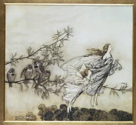 Wróżki mają swój Tiff z ptakami, 1906 ilustracja do Piotrusia Pana w Kensington Gardens autorstwa J.M. Barrie, wyd. 1906 (atrament i toaleta)