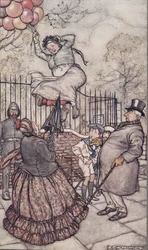 Pani z balonami, która siedzi na zewnątrz, z Piotrusia Pana w Kensington Gardens JM Barrie (1860 - 1937), wyd. 1906