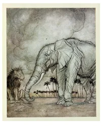 Lew, Jowisz i słoń, ilustracja z „Bajek Ezopa”, wydanej przez Heinemanna, 1912