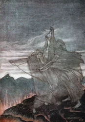 Norny znikają. Ilustracja do Zygfryda i Zmierzchu bogów autorstwa Richarda Wagnera, 1910