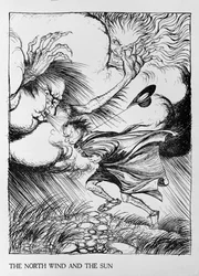 Wiatr północny i słońce, ilustracja z «Bajek Ezopa», wydanych przez Heinemann, 1912