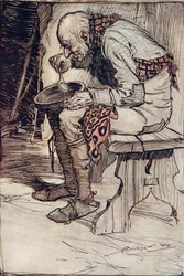 Staruszek musiał siedzieć sam i jadł jedzenie z drewnianej miski ... z The Fairy Tales of the Brothers Grimm, pub. 1909