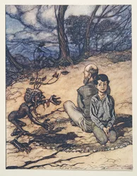 Syn zakreślił krąg, a on i jego ojciec zajęli w nim miejsca, po czym pojawił się mały czarny człowieczek, z Baśni braci Grimm, wydano 1909