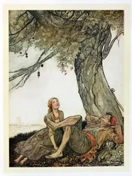 Podróżnicy i platan, ilustracja z „Bajek Ezopa”, wydanej przez Heinemanna, 1912