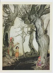 Drzewa i siekiera, ilustracja z Bajek Ezopa, wydane przez Heinemann, 1912