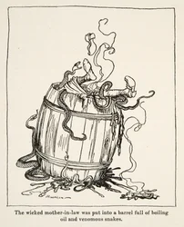 Zła teściowa została umieszczona w beczce pełnej wrzącego oleju i jadowitych węży, z Little Brother & Little Sister and Other Tales by Brothers Grimm, pub.1917 (lito)