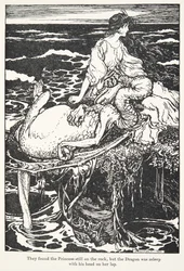 Księżniczka wciąż leżała na skale, ale Smok spał z głową na kolanach, z The Fairy Tales of the Brothers Grimm, pub. 1909