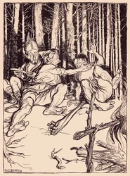 Gigant dał temu, który siedział obok niego, pudło w ucho. Ilustracja autorstwa Arthura Rackhama z baśni Grimm, The Skillful Huntsman.