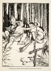 Gigant podarował siedzącemu obok pudełeczko na ucho, z Little Brother & Little Sister i Other Tales by the Brothers Grimm, pub.1917 (lito)