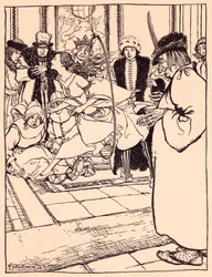 Ładna dziewczyna przeskoczyła przez obręcz z lekkością jak jeleń. Ilustracja autorstwa Arthura Rackhama z baśni Grimm, Trzy pióra.