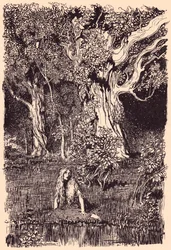 Siedziała tam i siedziałaby jeszcze długo, gdyby nie szelest i trzask w konarach najbliższego drzewa. Ilustracja autorstwa Arthura Rackhama z baśni Grimm The Goose Girl at the Well.