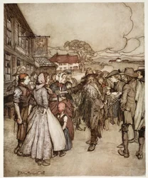 Stłoczyli się wokół niego, przyglądając mu się od stóp do głów z wielką ciekawością. Z pubu Rip Van Winkle by Washington Irving. 1910