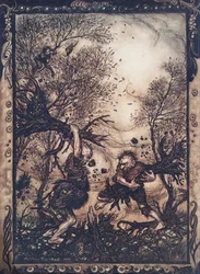 Wpadli w taką wściekłość, że wyrywali drzewa po korzenie i rąbali się nawzajem, aż obaj padli martwi, z pubu The Fairy Tales of the Brothers Grimm. 1909