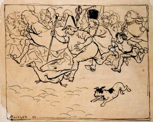 Do „Battlefield” Swarms like a Fair, ilustracja z „The Ingoldsby Legends, or Mirth and Marvels”, Thomasa Ingoldsby Esquire, opublikowana w 1898 r. (pióro i atrament na papierze)