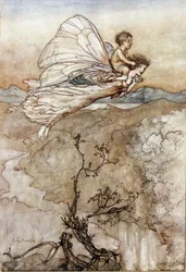 Titania, Królowa Opłat, leci ze swoim dzieckiem podmieńcem na plecach. Ilustracja Arthura RACKHAMA (1867-1939) do „Snu letniej nocy” Williama Szekspira