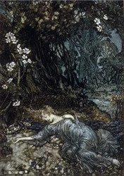 Tytania, Królowa Opłat, śpi. Ilustracja Arthura RACKHAMA (1867-1939) do „Snu letniej nocy” Williama Szekspira