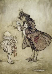 Kiedy Jej Wysokość chce poznać czas, z Piotrusia Pana w Kensington Gardens J.M. Barrie, wyd. Hodder i Stoughton, 1906 (pióro i atrament z toaletą na papierze)