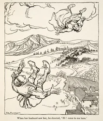 Kiedy jej mąż ją zobaczył, krzyknął: „Cześć! Chodź tu do mnie”, z Little Brother & Little Sister and Other Tales by the Brothers Grimm, wyd. 1917 (lito)