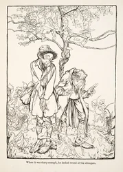 Kiedy było wystarczająco ostre, rozejrzał się po nieznajomych, z Little Brother & Little Sister i Other Tales by the Brothers Grimm, pub.1917 (lito)